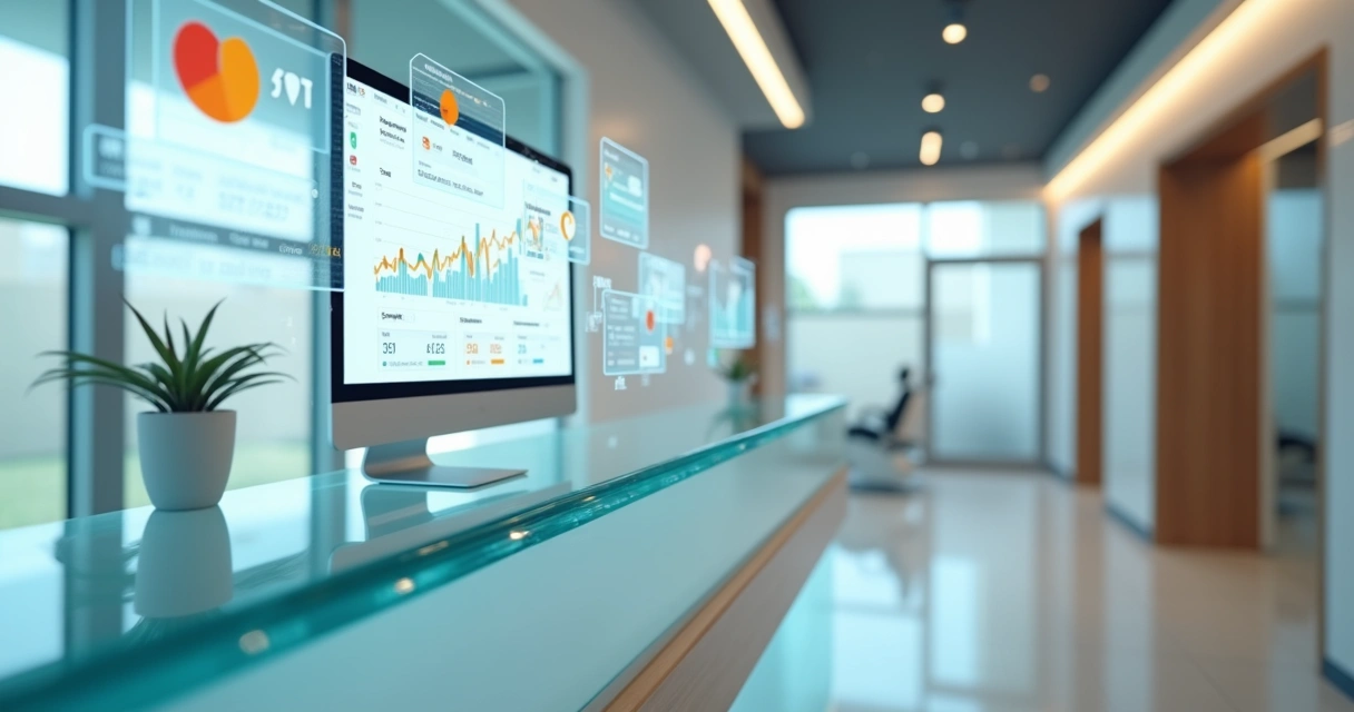 Balcão de clínica odontológica com gráficos digitais flutuando ao redor 