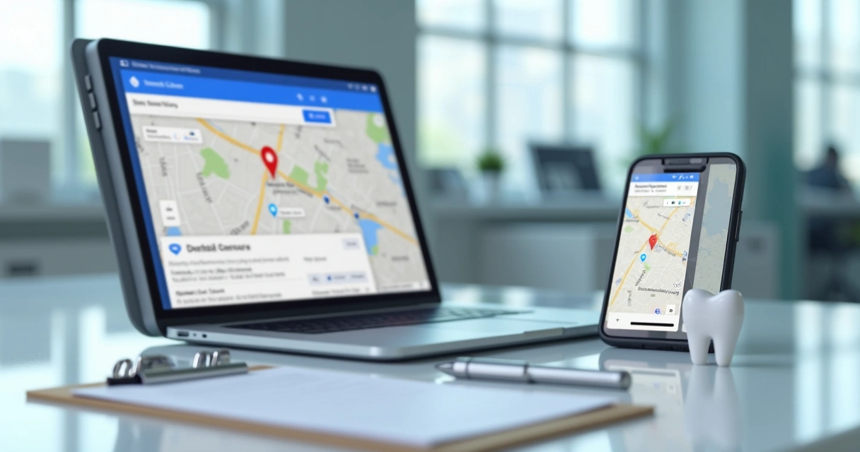 Tela de busca local com clínica odontológica em destaque no Google Maps