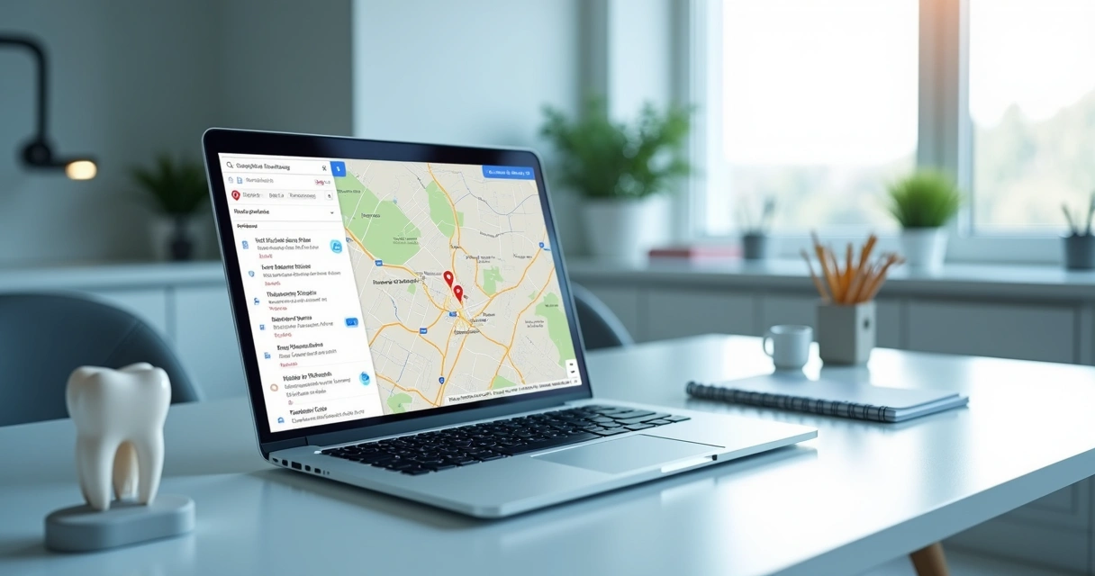 Clínica odontológica destacada no Google Maps em tela de notebook 