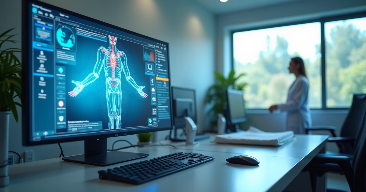 Tela de computador mostrando painel do Google Meu Negócio para clínica médica em ambiente de consultório moderno 