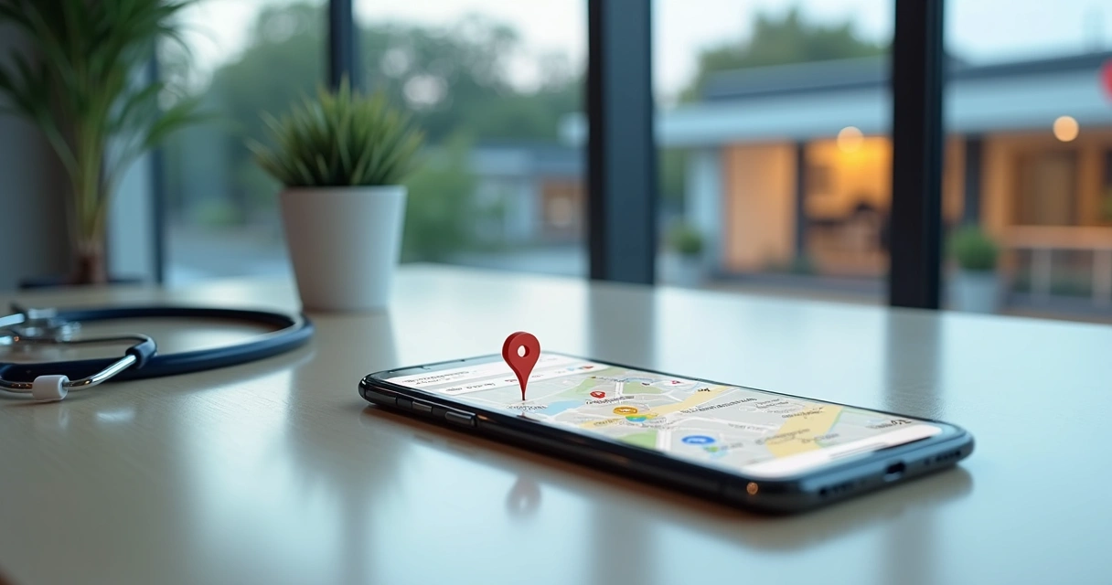 Fachada de clínica médica destacada em mapa digital com marcador no Google 