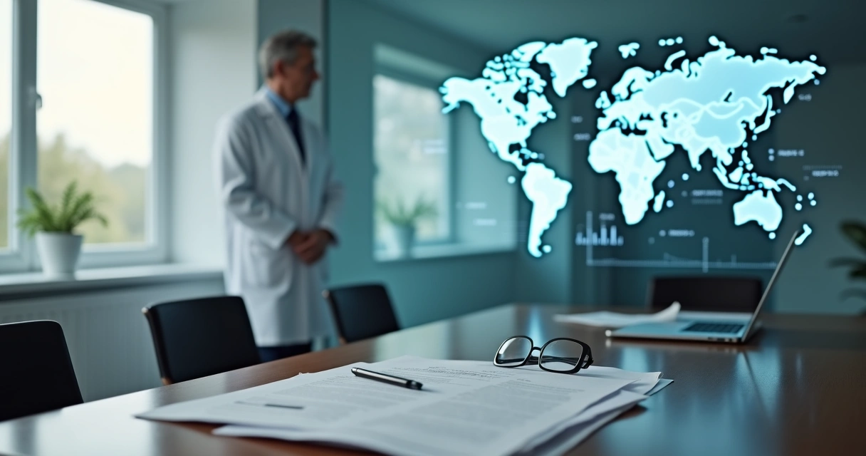 Médico analisando gráfico tributário diante de mapa-múndi em escritório moderno 