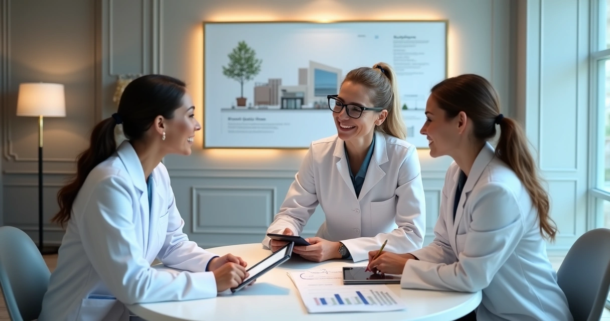 Equipe de profissionais em clínica de harmonização facial analisando plano de expansão 