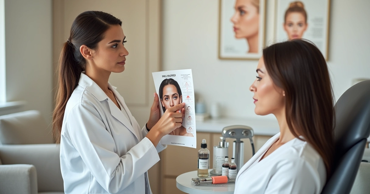 Profissional avaliando harmonização facial em mulher adulta em clínica moderna 