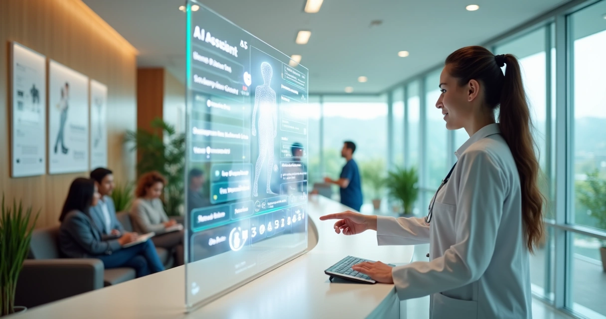 Recepcionista em clínica usando holograma de IA para organizar fila de pacientes 