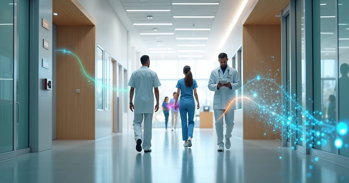 Corredor de clínica moderna com hologramas coloridos integrando diferentes especialidades médicas 