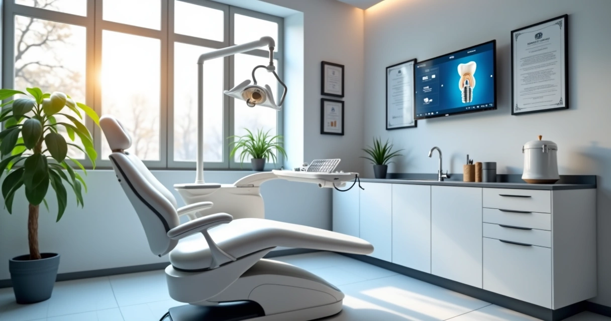 Consultório odontológico moderno com equipamentos avançados para implantes dentários, cadeira odontológica branca, ambiente claro e organizado 