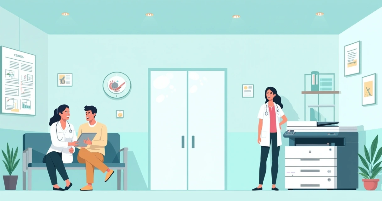 Ilustração de uma clínica moderna com recepção organizada, paciente e profissional interagindo, impressora em uso.