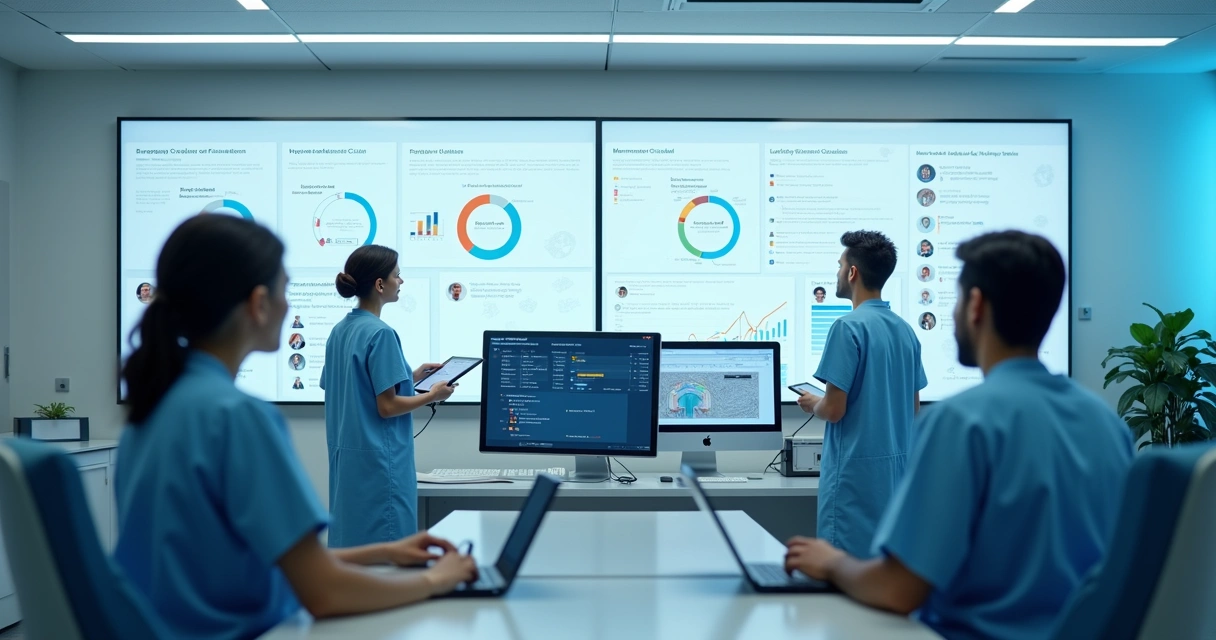Clínica moderna com equipe analisando painéis digitais 