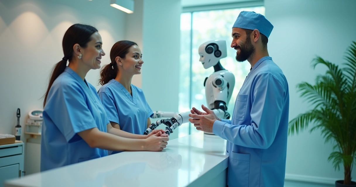 Clínica moderna com logotipo exibindo tecnologia cirurgia robótica e atendimento humanizado