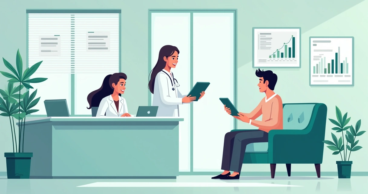 Clínica moderna exibindo interação entre agente de IA e paciente com tela de CRM e agendamento de consultas.