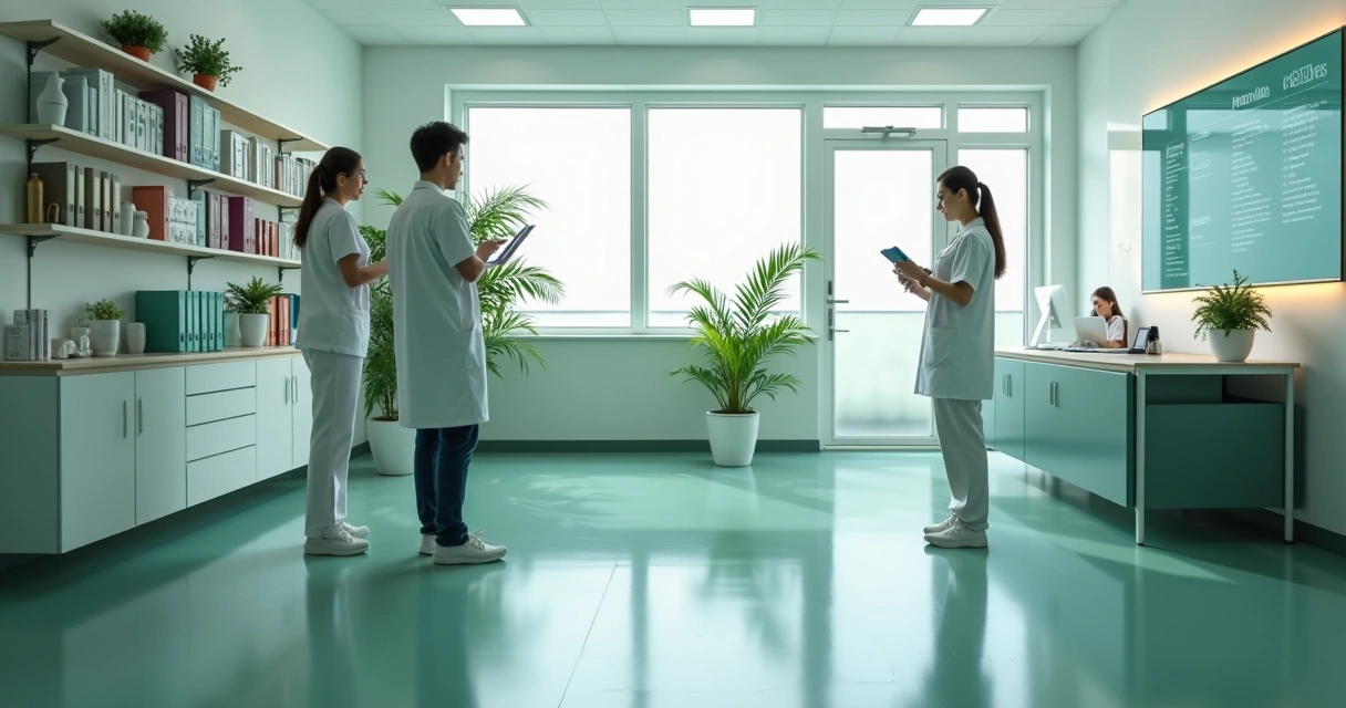 Equipe de clínica com tecnologia para organizar documentos 