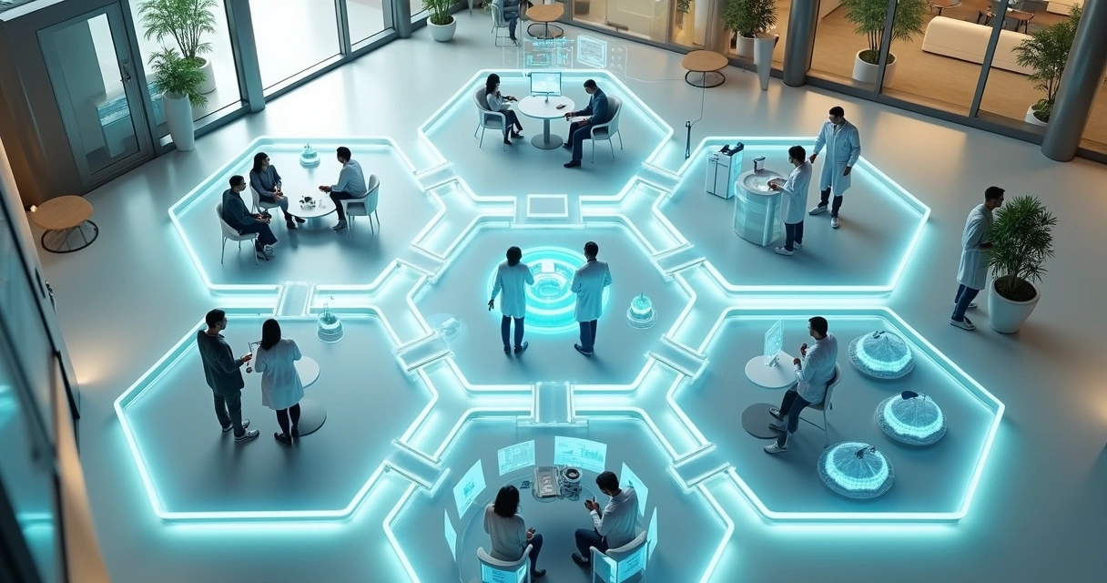 Vista superior de clínica em formato de colmeia conectada por luzes de inteligência artificial 