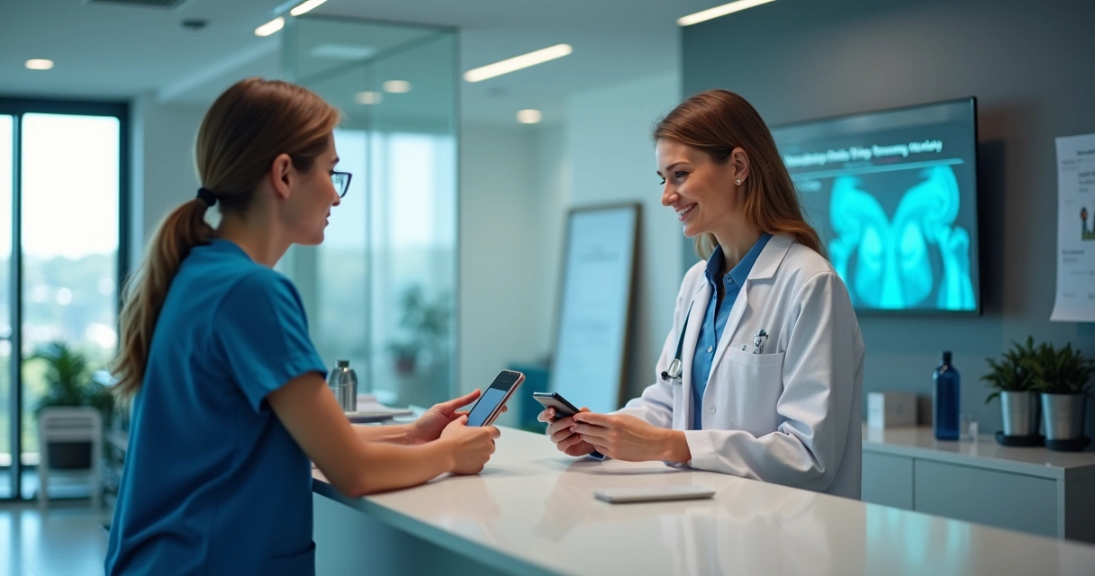 Paciente conversando via smartphone com agente de IA em consultório moderno 