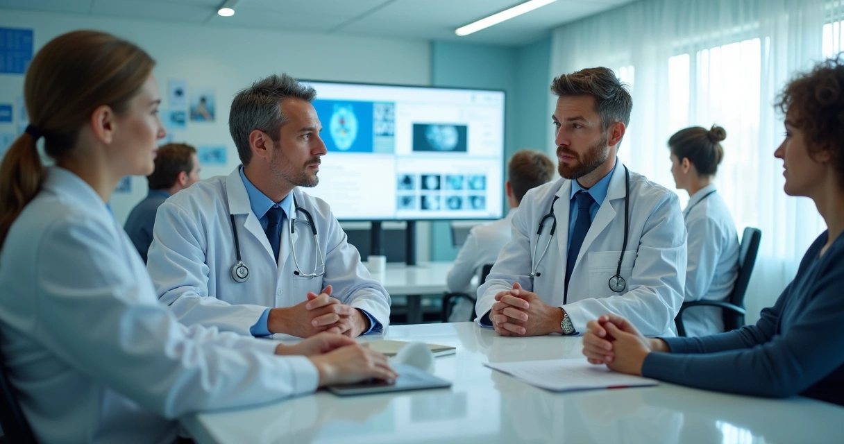 Equipe médica em uma clínica com aparelhos modernos e prontuário digital 