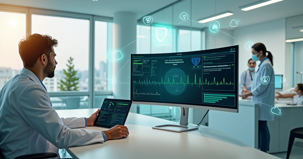 Médico em clínica analisando laudo cardiológico digital em grande tela com gráficos de ECG 