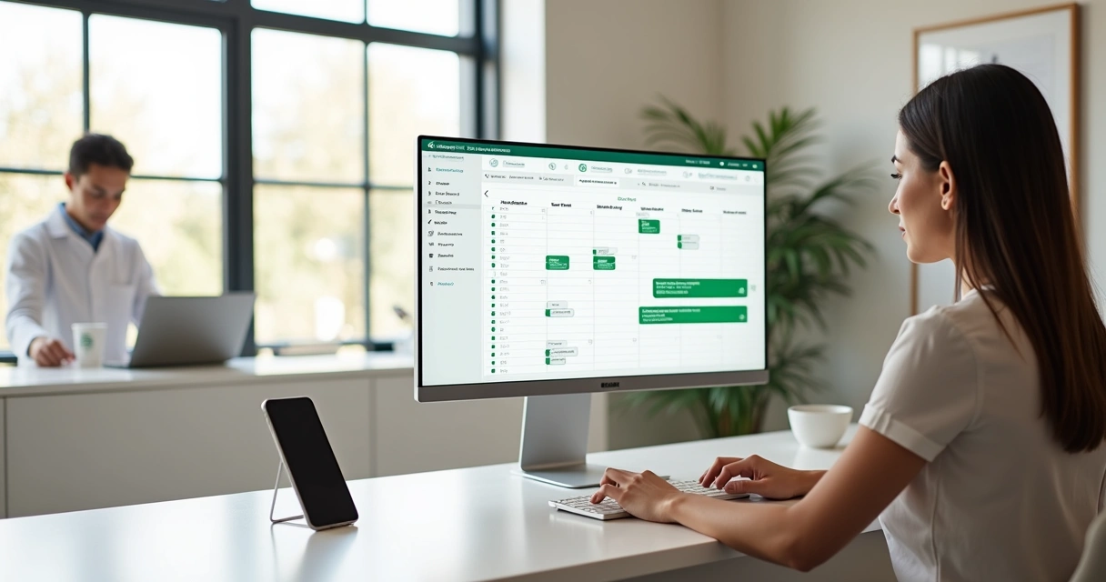 Recepcionista de clínica olhando tela com agenda e lembretes automáticos no WhatsApp 