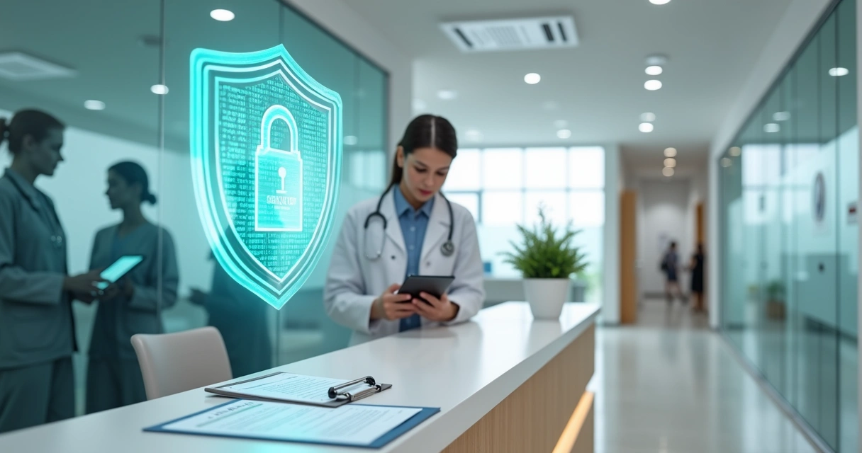 Recepção de clínica médica com símbolo de proteção de dados em holograma 
