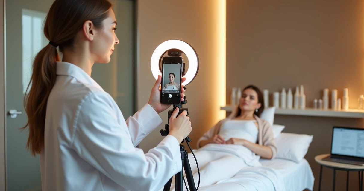 Profissional ajustando ring light para live. 