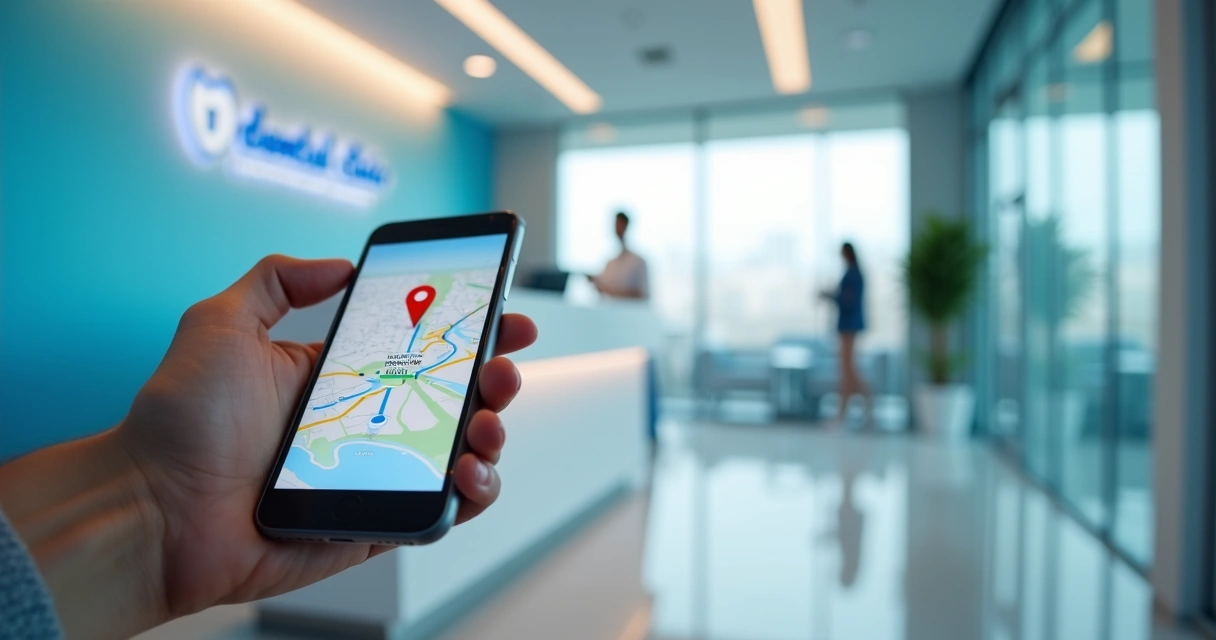 Paciente olhando o mapa no celular dentro da clínica odontológica