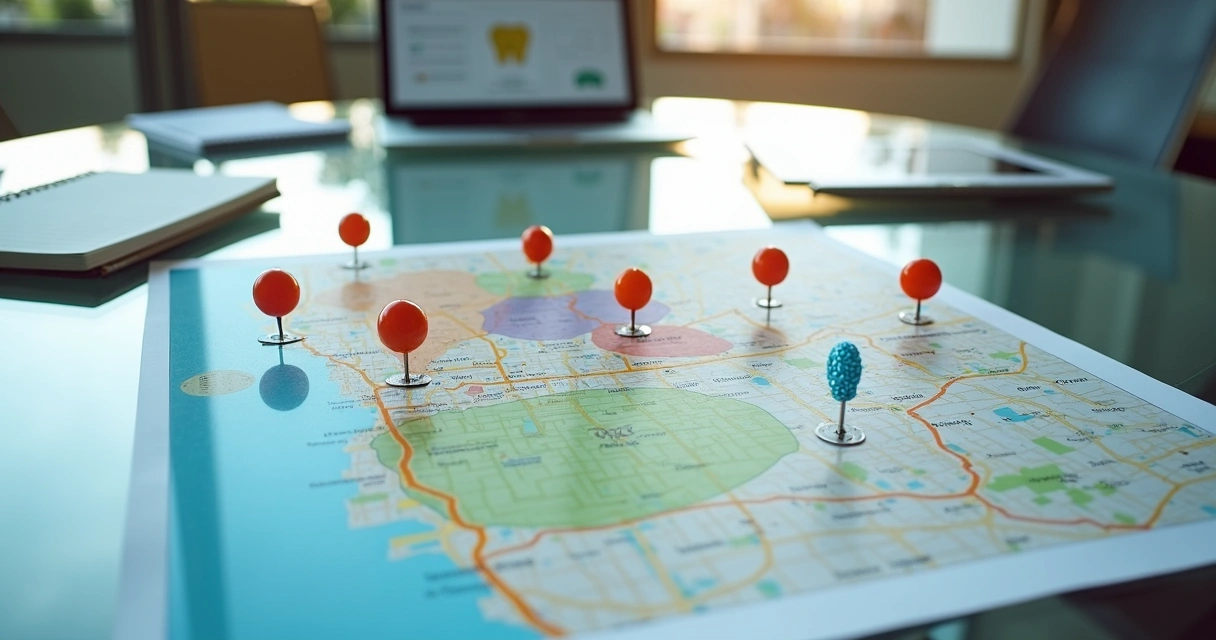 Mapa urbano com bairros em destaque formando rota até clínica odontológica 