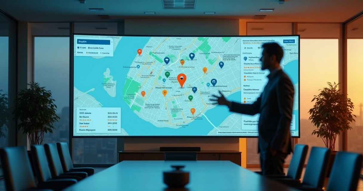 Fachada de clínica destacada em mapa digital em tela grande 