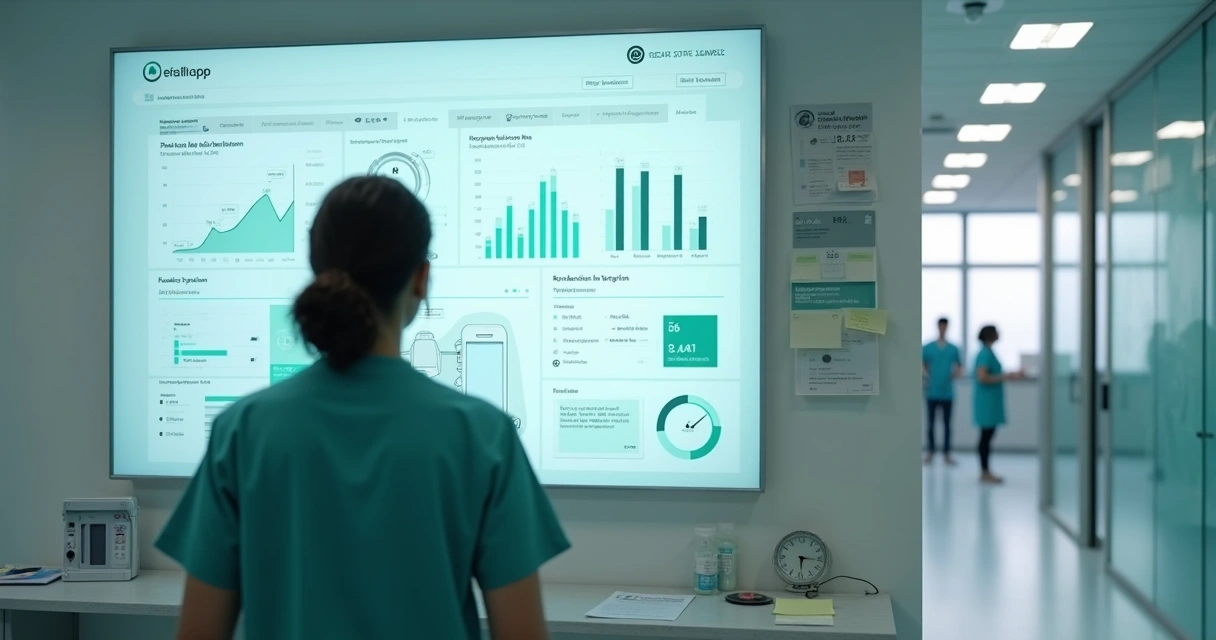 Gestor de clínica analisando painel de métricas de atendimento na parede 