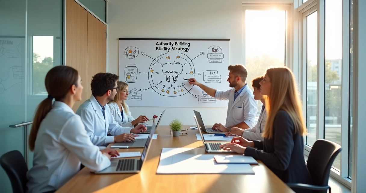 Time de marketing e dentista planejando autoridade digital em clínica moderna 