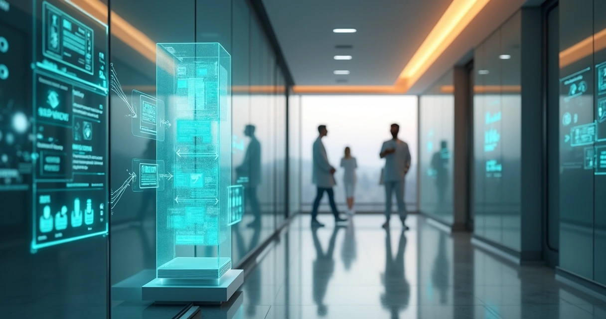 Corredor de clínica com hologramas mostrando automação de marketing em 2026 