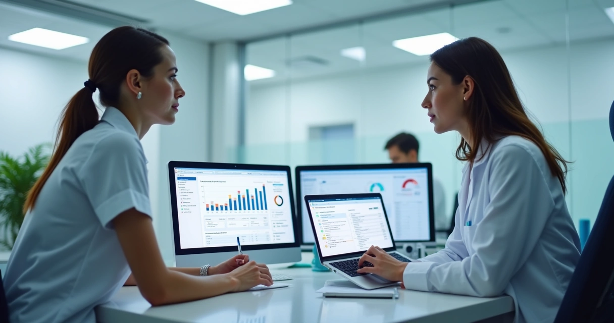 Profissionais de marketing analisando gráficos digitais em clínica moderna 