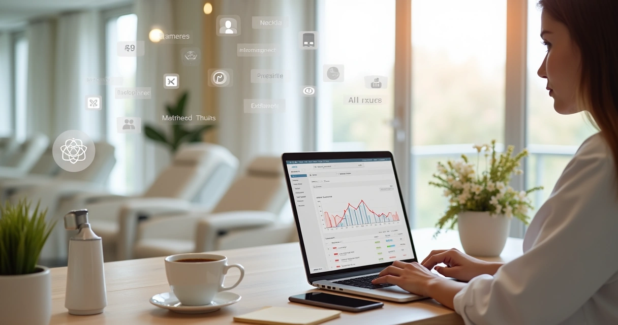 Gestora de clínica olhando preocupada para gráficos de marketing digital estagnados na tela do notebook 