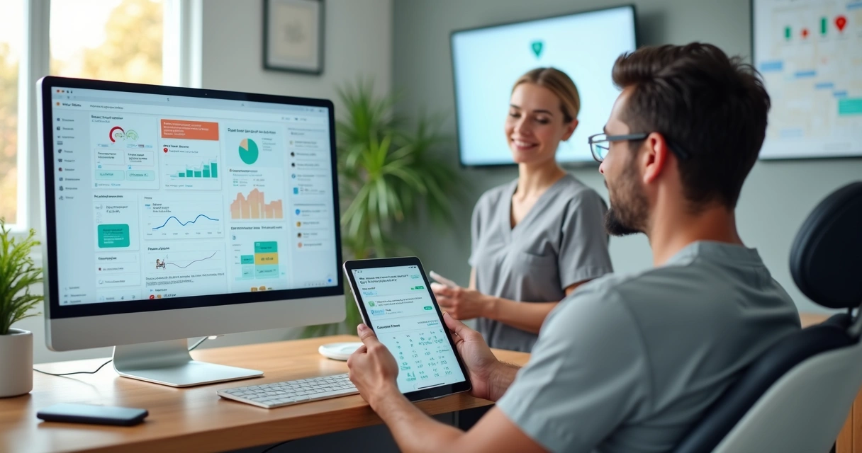 Dentista mostrando tratamento em tablet para paciente enquanto analisa gráficos de marketing digital 