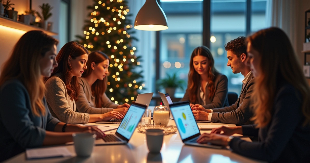 Equipe em clínica estética planejando campanhas digitais de fim de ano com gráficos e laptops modernos 