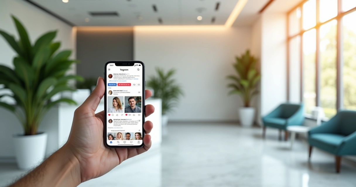 Tela de smartphone mostrando perfil de clínica médica no Instagram com posts e interações visíveis 