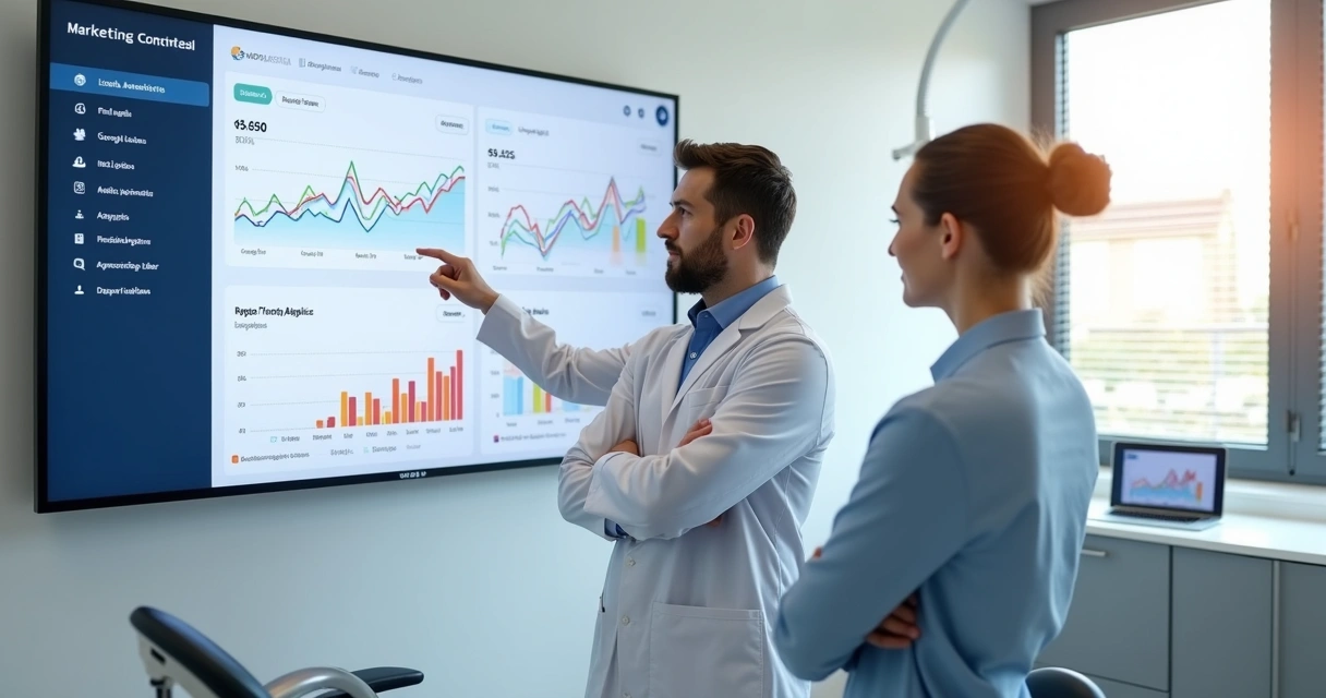 Dentista e consultor analisando painel de marketing digital em clínica odontológica 