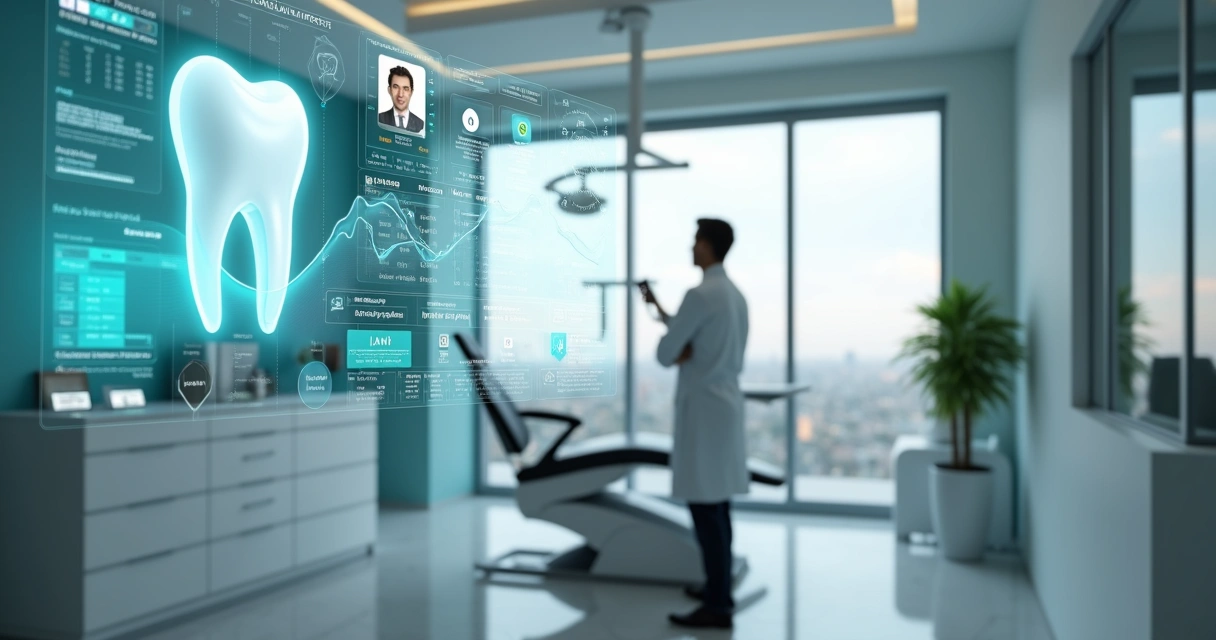 Dentista analisando telas digitais de marketing em clínica odontológica moderna 