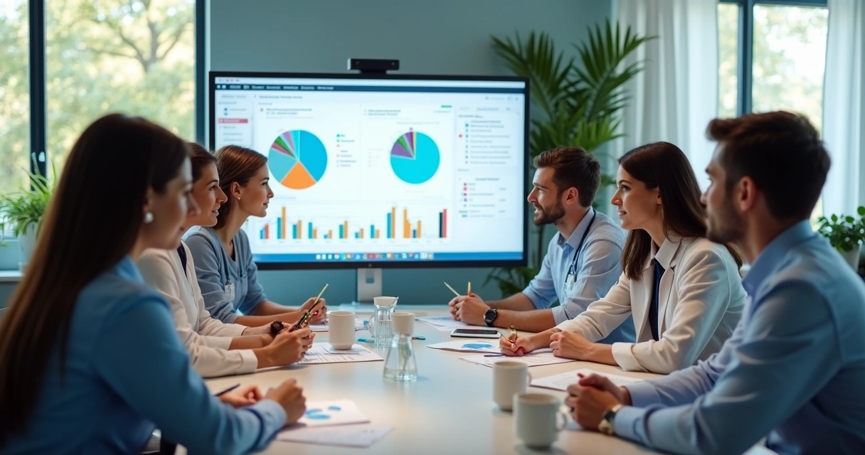 Equipe de clínica analisando dados de marketing e pacientes 