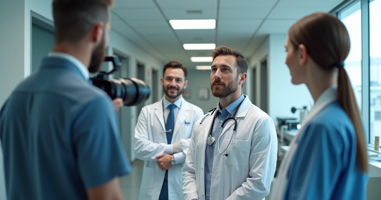 Equipe médica gravando vídeo educativo na clínica. 