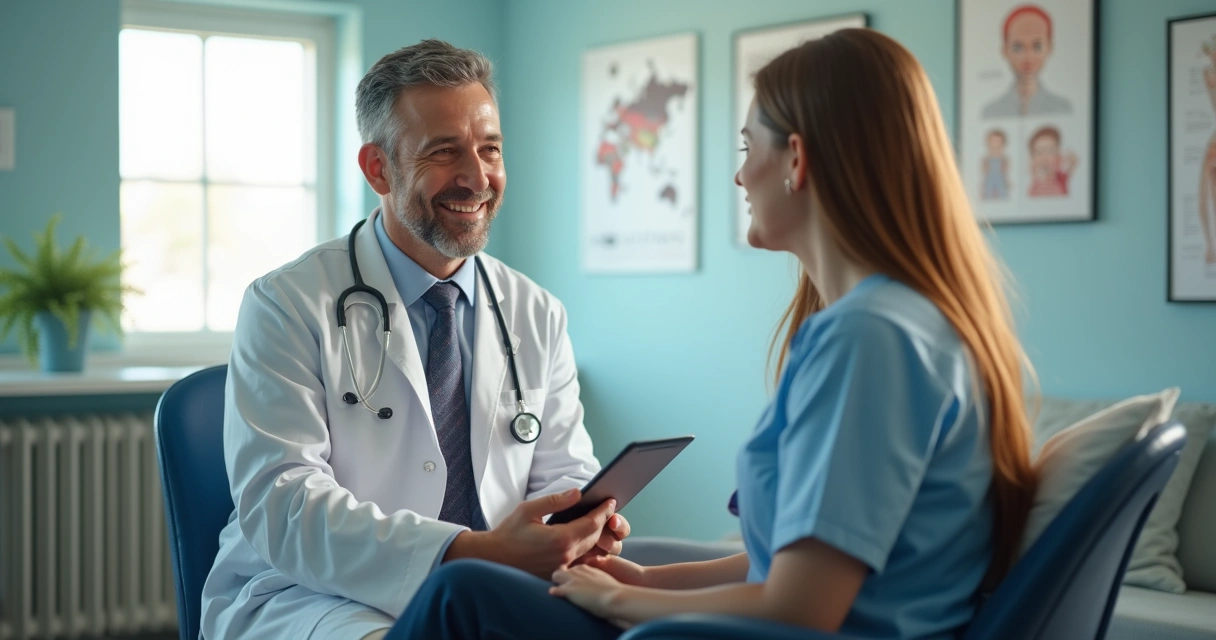 Profissional realizando atendimento em consultório médico 