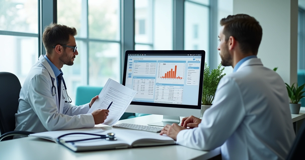 Contador analisando dados financeiros em clínica de saúde 