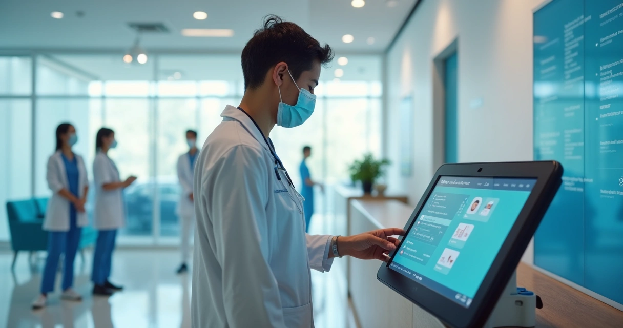 Paciente usando assistente de IA em clínica médica 