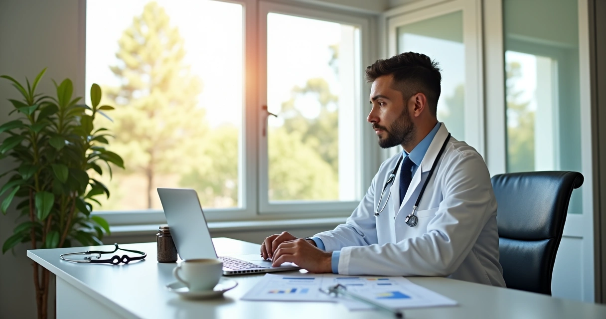 Profissional de saúde analisando relatórios em consultório 