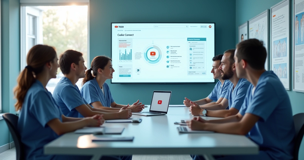 Profissional de marketing explicando cookies para equipe médica em uma clínica 