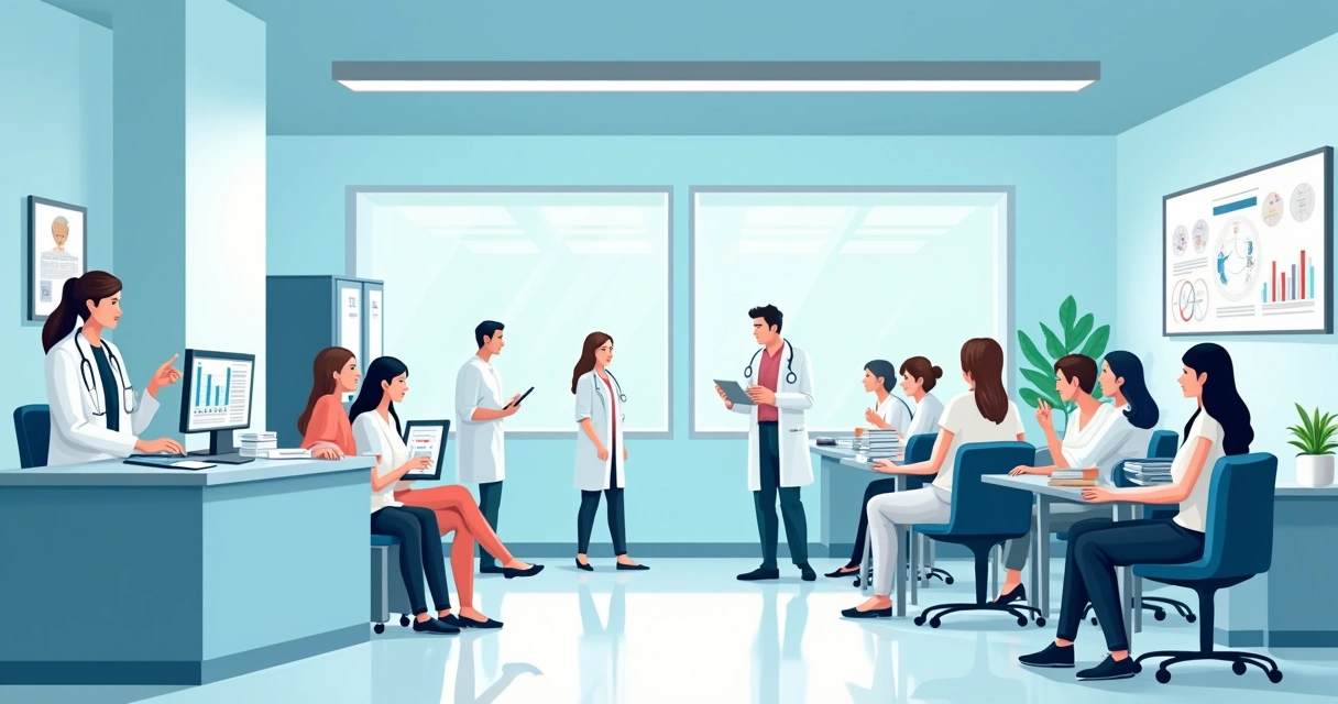Recepcionista sobrecarregada em uma clínica médica com pacientes impacientes e sistema desorganizado.