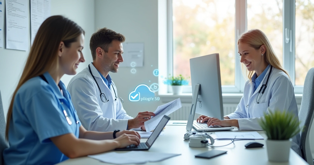 Equipe médica usando tablet com sistema de gestão de documentos