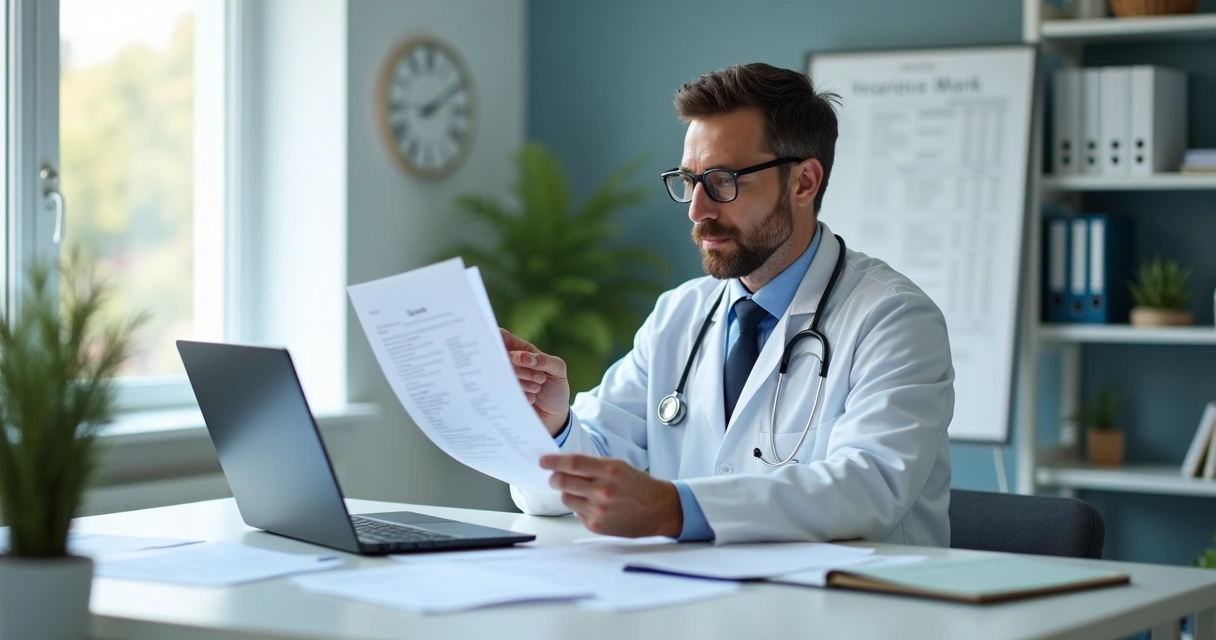 Médico em consultório analisando documentos 