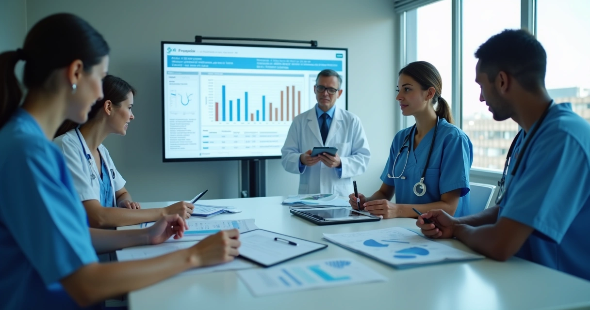 Profissionais de saúde analisando relatórios financeiros digitais em uma clínica 