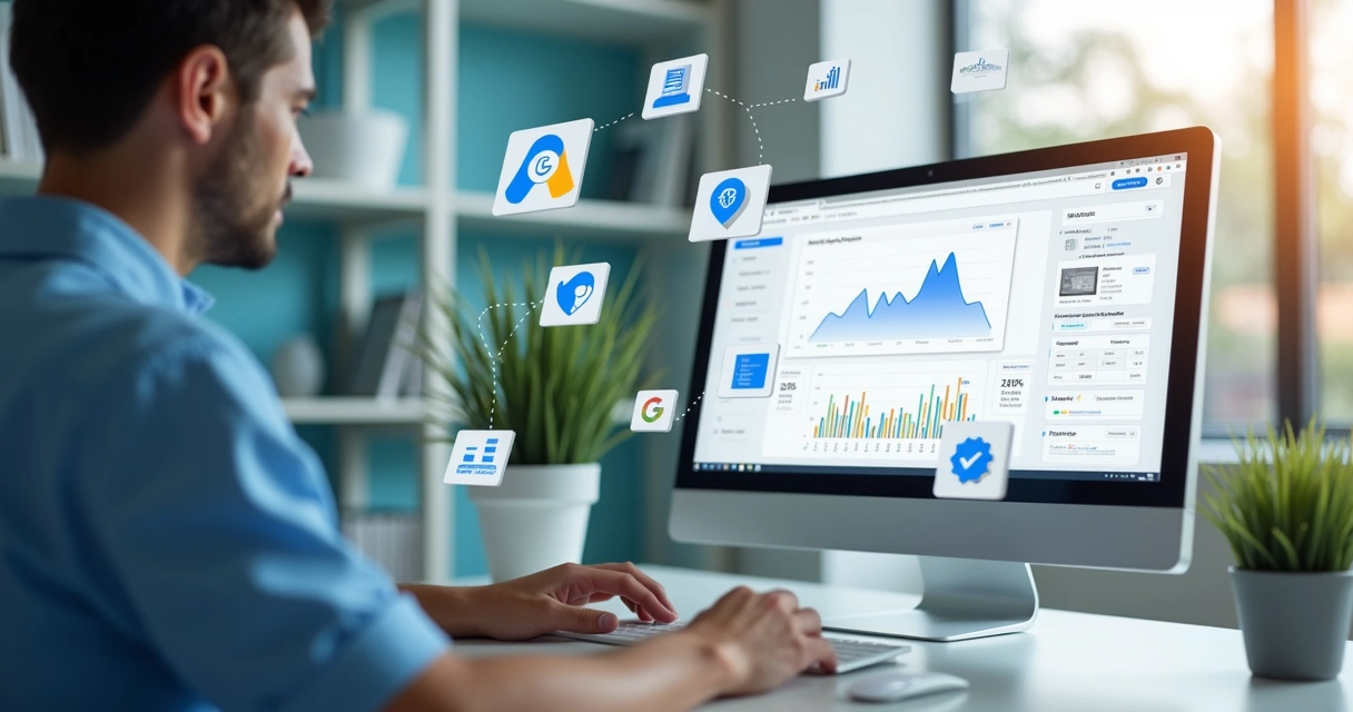 Profissional de marketing configurando campanha de Google Ads para clínica médica em computador moderno com gráficos e dados na tela 