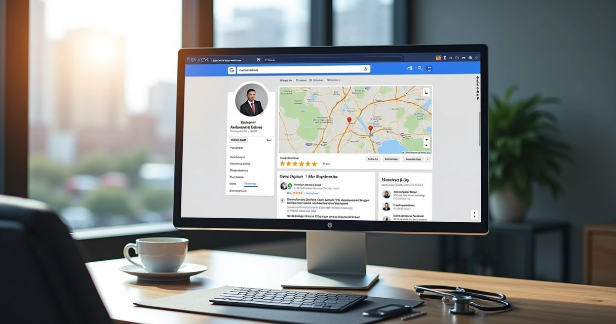 Tela de computador exibindo perfil de clínica médica no Google Meu Negócio com dados atualizados e selo de avaliação positiva 