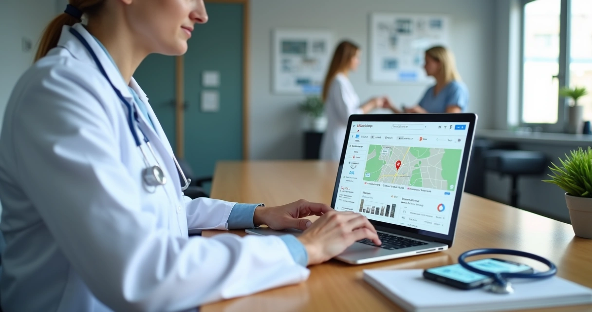 Médico usando notebook com painel do Google Meu Negócio da clínica na tela 